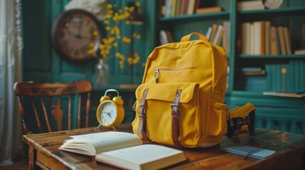 Wall Mural - yellow backpack, alarm clock, and book on school table in classroom, back to school concept against green background