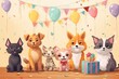 Watercolor illustration of cute dogs with colorful balloons. Greeting birthday card, poster, banner for children
