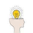 Flat vector of a head profile with a light bulb inside, depicting a bright idea, innovation, and creative thinking.