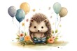 Watercolor illustration of cute hedgehog with colorful balloons. Greeting birthday card, poster, banner for children