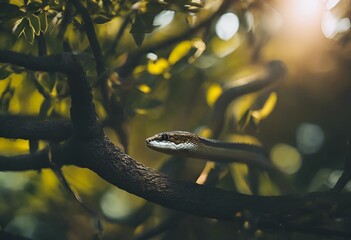 Wall Mural - AI generated illustration of a snake in a tree with sunlight and lens flare in the background