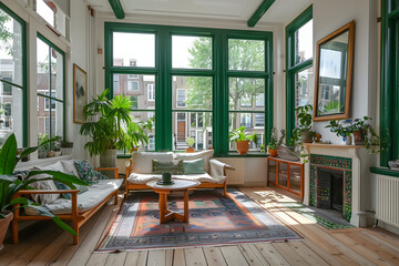 an interior design in Amsterdam, bright living room with wood floor and green window frames, sofa, coffee table on the left side, small fireplace on right side, carpet with boho pattern on ground AI