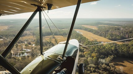 Wall Mural - Ultralight aircraft over savannah, close-up of cockpit and expansive wildlife below 