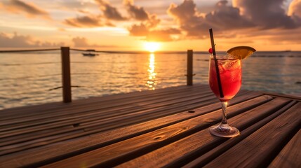 Canvas Print - Beachfront villa deck, close-up of exotic cocktail with island sunset 