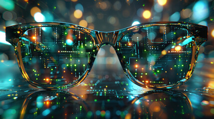 Wall Mural - Glasses background binary code. Futuristic cyber technology. Virtual glasses global network, modern digital with glowing data and abstract information. Innovation in communication and connection.