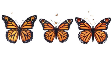 Group of three vibrant orange butterflies on a clean white background. Suitable for various design projects