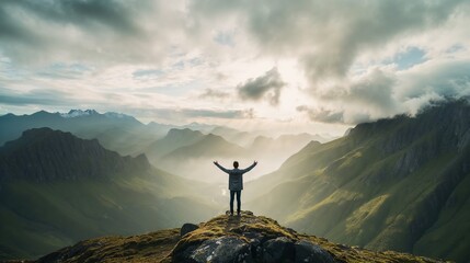 Person with arms wide open on mountain top, cloudy skies, freedom concept