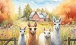 Watercolor illustration of four llamas in a field with village landscape in the background