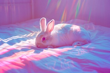 Sticker - AI generated illustration of a small bunny rests on disheveled bedding