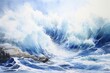 Large wave crashing on a rocky shore, watercolor sea illustration
