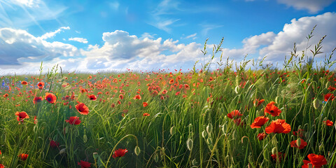 Poster - poppy field with sky, ai generated