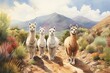 Watercolor illustration of four cute lamas