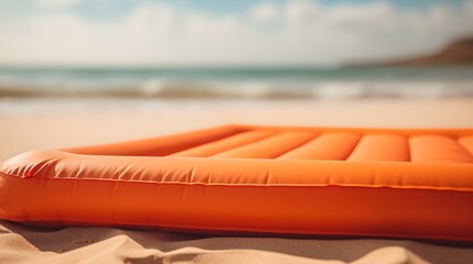 Close up of a orange inflatable Beach Mat on the Sand. Beautiful Summer Vacation Background