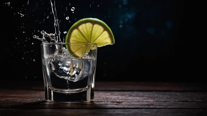 Glass of tequila and lime, on a black background.