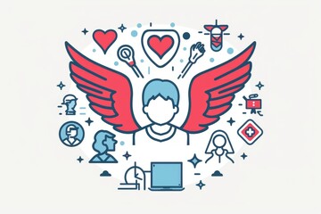 Wall Mural - Person with wings using laptop, surrounded by icons. Suitable for technology concepts