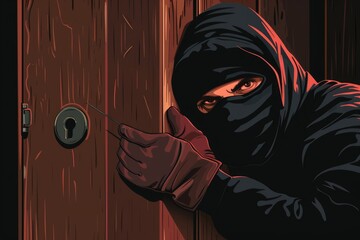 Wall Mural - A person in a black hoodie holding a key to a wooden door. Perfect for security or mystery concepts