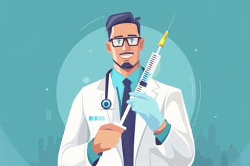 Wall Mural - A man in a lab coat holding a syringe. Suitable for medical, science, and research concepts