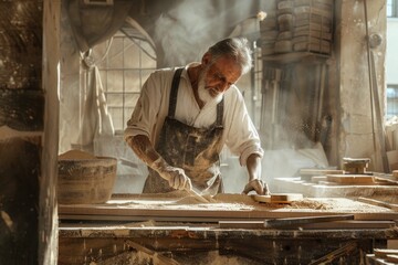 Poster - A man crafting wood in a workshop, suitable for DIY or woodworking projects