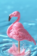 Sticker - A pink flamingo standing gracefully in calm water. Ideal for nature and wildlife themes