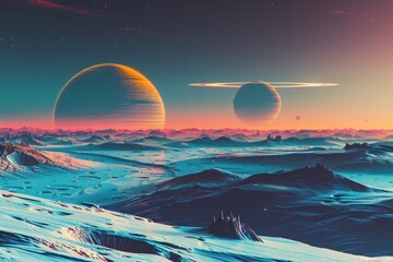 Wall Mural - Two large planets: a smaller one on the right and a larger one on the left. The sky is a gradient of blue and pink. Below the planets there are mountains covered with snow.