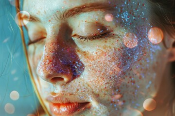 Poster - Close-up of a woman with glitter on her face, perfect for beauty and makeup concepts