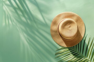 Sticker - A straw hat resting on a palm leaf, perfect for summer designs