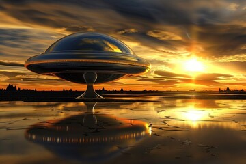 Wall Mural - A giant flying saucer is on the beach at sunset. The sky is orange-yellow and the water is calm.