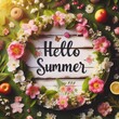 © tatsiana502 - a cute picture with the inscription Hello summer with flowers and green leaves, a summer positive theme for fun and blogger on social networks