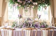 Wedding table decoration with lavender flowers, sweets and cake