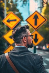 Sticker - A man with a beard and glasses standing in front of a street sign. Suitable for urban concepts