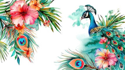 Sticker - Colorful watercolor painting of a peacock surrounded by vibrant flowers. Ideal for nature-themed designs