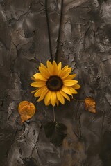 Wall Mural - Bright yellow sunflower on a dark black background, suitable for various design projects