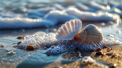 Wall Mural - Seashell with bubbles on sandy beach. Perfect for summer designs