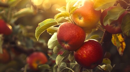 Wall Mural - Ripe apples on a tree on a sunny day. Organic farming concept. Fresh, natural fruit theme. Vibrant colors, close-up shot. AI