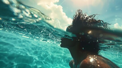 Wall Mural - A woman gracefully swims in the ocean waters as cloudy skies loom above.