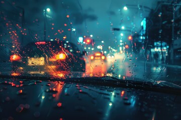 Poster - A car driving down a wet street at night. Perfect for illustrating driving in rainy conditions