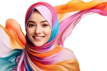 Wall Mural - Portrait of beautiful caucasian happy smiling woman wearing colorful hijab over white png background. Waving head scarf, femininity, concept of goods for muslim islamic women. Copy space for design.