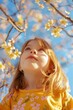 © Fotograf - A young girl standing in front of a tree with flowers. Suitable for nature and childhood themes