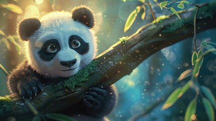 Poster - A cute panda bear sitting on a tree branch. Suitable for nature and wildlife themes