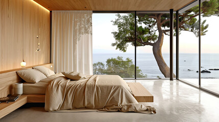 Minimalist bedroom interior with ocean sea view. Modern coastal interior. Summer, travel, vacation, dreams holiday, resort