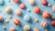 Various sweets assortment. Candy, bonbon and macaroons on blue background. Top view flat lay with copy space