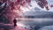 .Amidst a serene scene, a Japanese monk strolls along the lakeside, cherry blossom trees in full bloom showering pink petals all around. Behind her, the majestic Mount Fuji rises