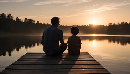 Wall Mural - A man and a young boy sitting on a wooden dock, silhouetted against a serene lake and sunset sky