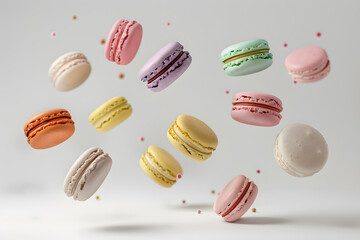 Floating colorful macarons on white background