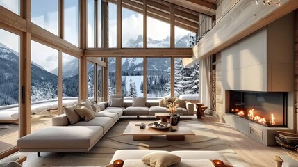 Luxury wooden chalet with fireplace. The interior design of a modern living room with a mountain view. 