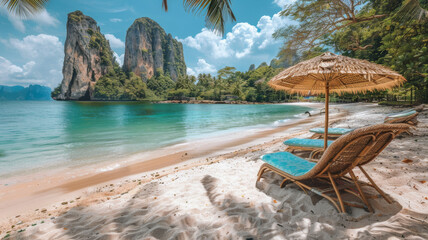 Wall Mural - A beach with a few chairs and an umbrella