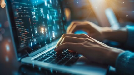 Futuristic cybersecurity concept with programmer typing on laptop