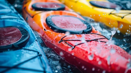 Wall Mural - A line of colorful kayaks resting on the calm surface of a body of water.