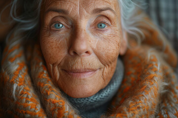 Wall Mural - Older woman with blue eyes wearing scarf close up, striking portrait for marketing campaign