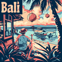 Wall Mural - A man is sitting on the beach with a hat on. The beach is full of boats and people. The man is looking out at the water